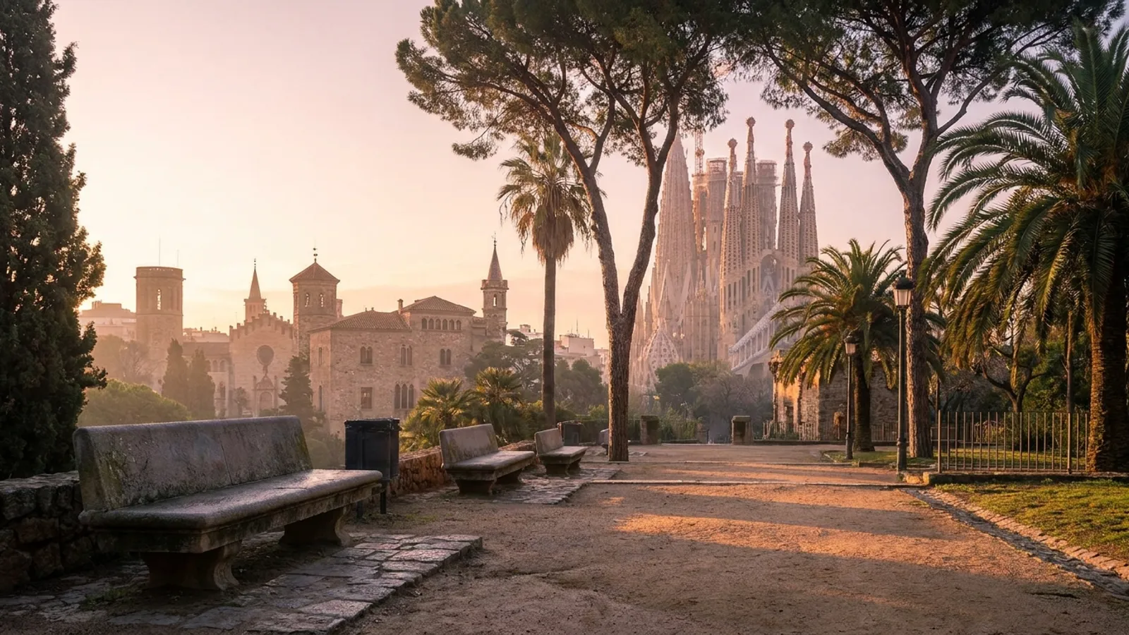 Serene Barcelona cityscape at sunrise, with a focus on natural light and architectural details