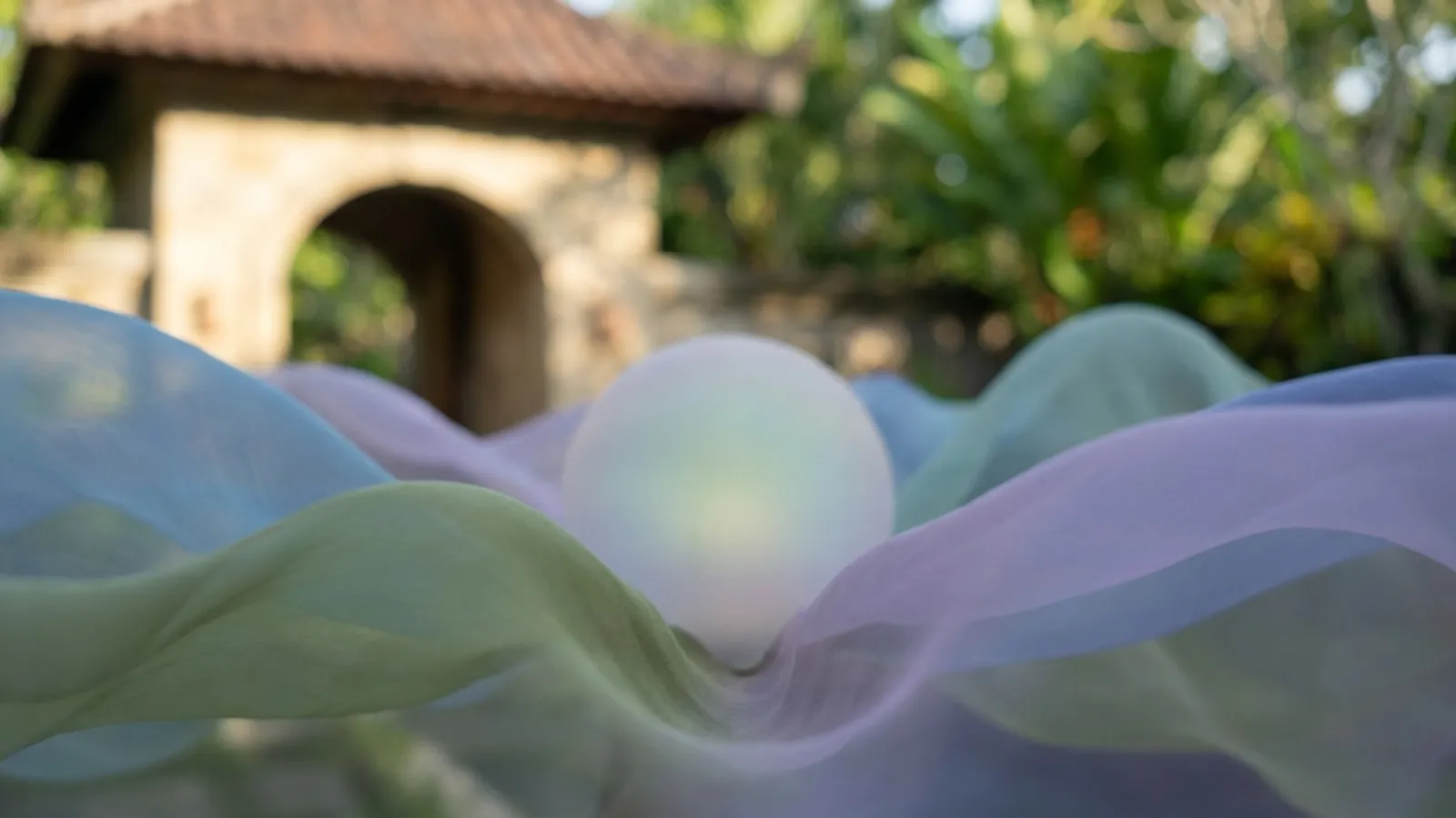 Abstract image of gentle sound waves and calming light in a serene setting, reflecting peace and meditation.