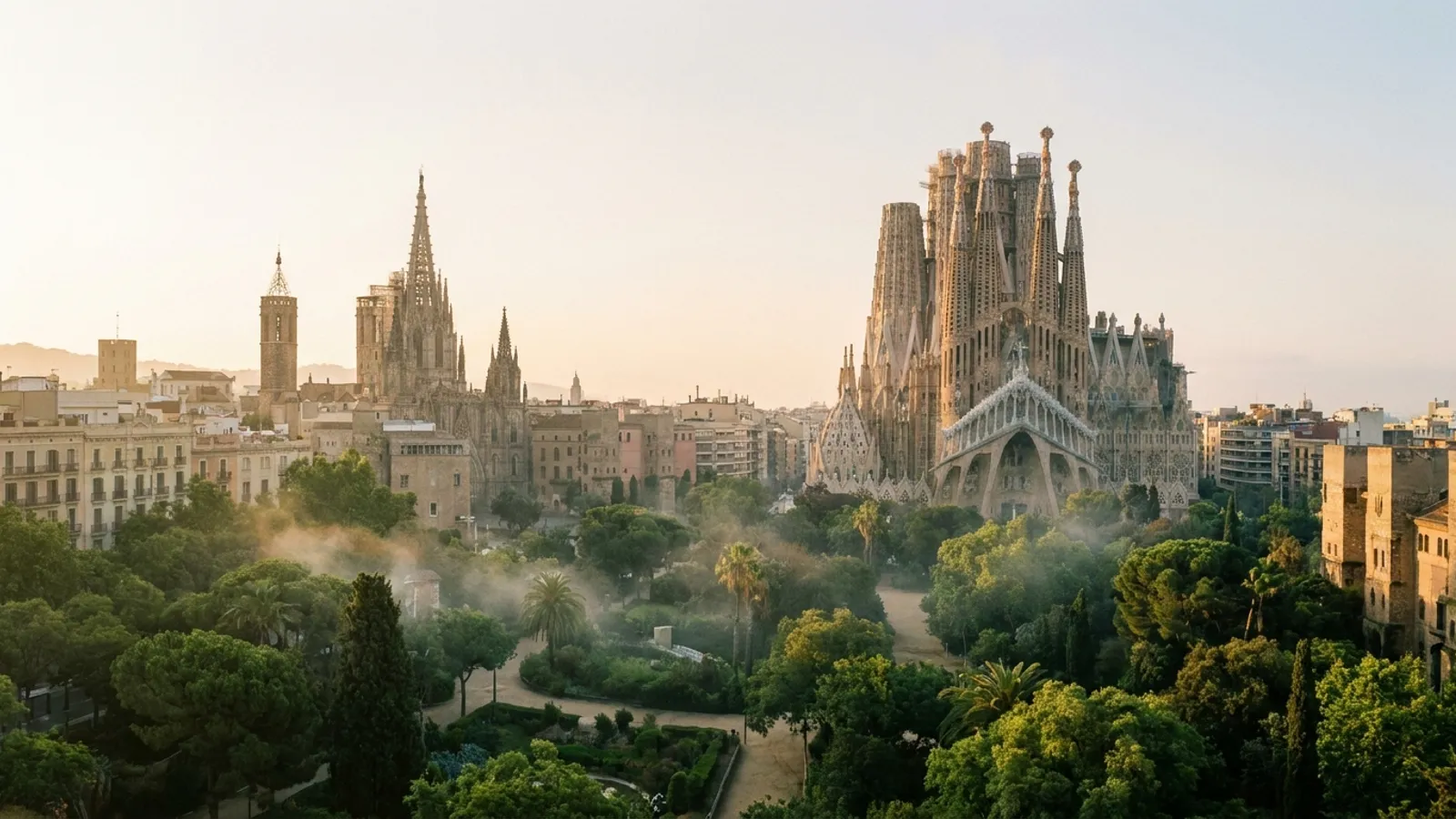 Serene Barcelona cityscape at sunrise, with a quiet park in the foreground.