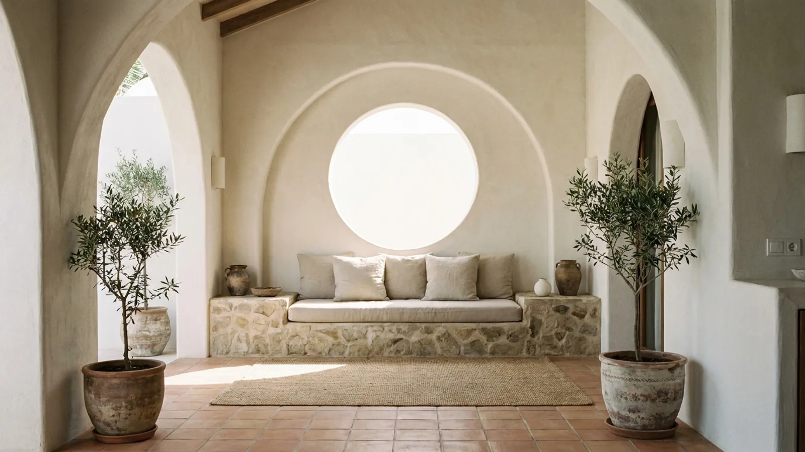 Serene, sunlit interior of a historic Barcelona building, with soft light filtering through a window onto a meditation cushion.