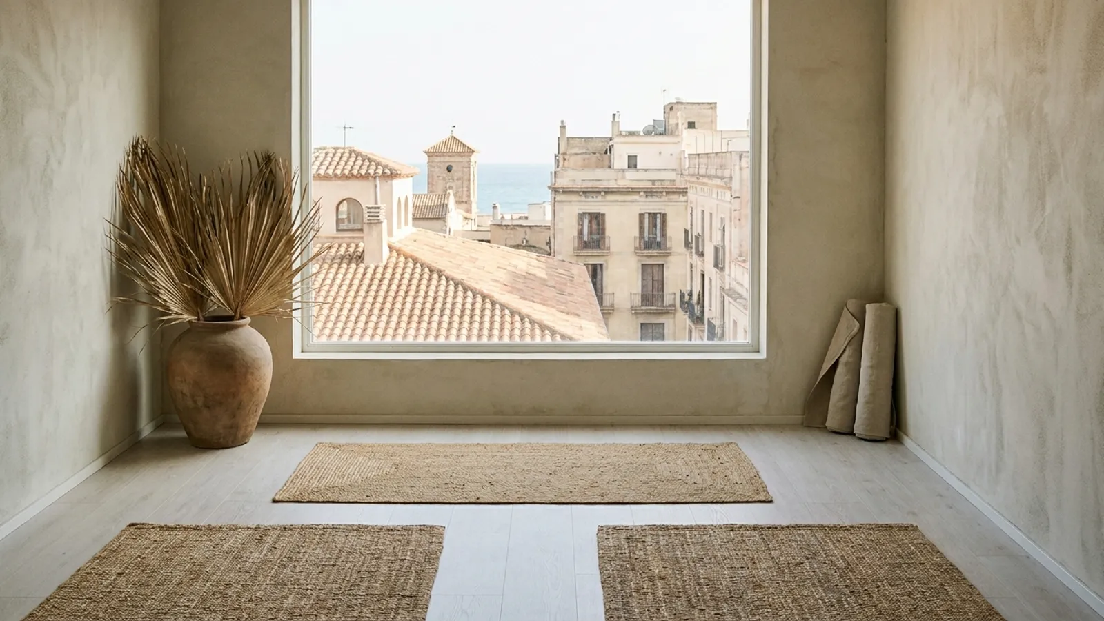 Serene image of a yoga mat and meditation cushion in a sunlit room, with a blurred view of Barcelona's skyline through a window.